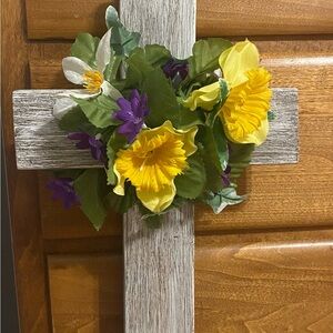Vibrant Yellow and Purple Faux Floral Accent Wood Cross with Hanger